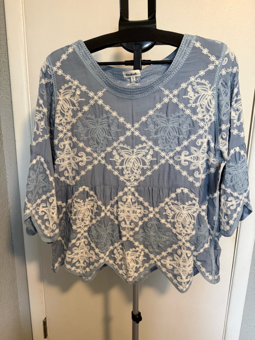 NWT Kindred Soul Light Blue Embroidered Peasant Blouse